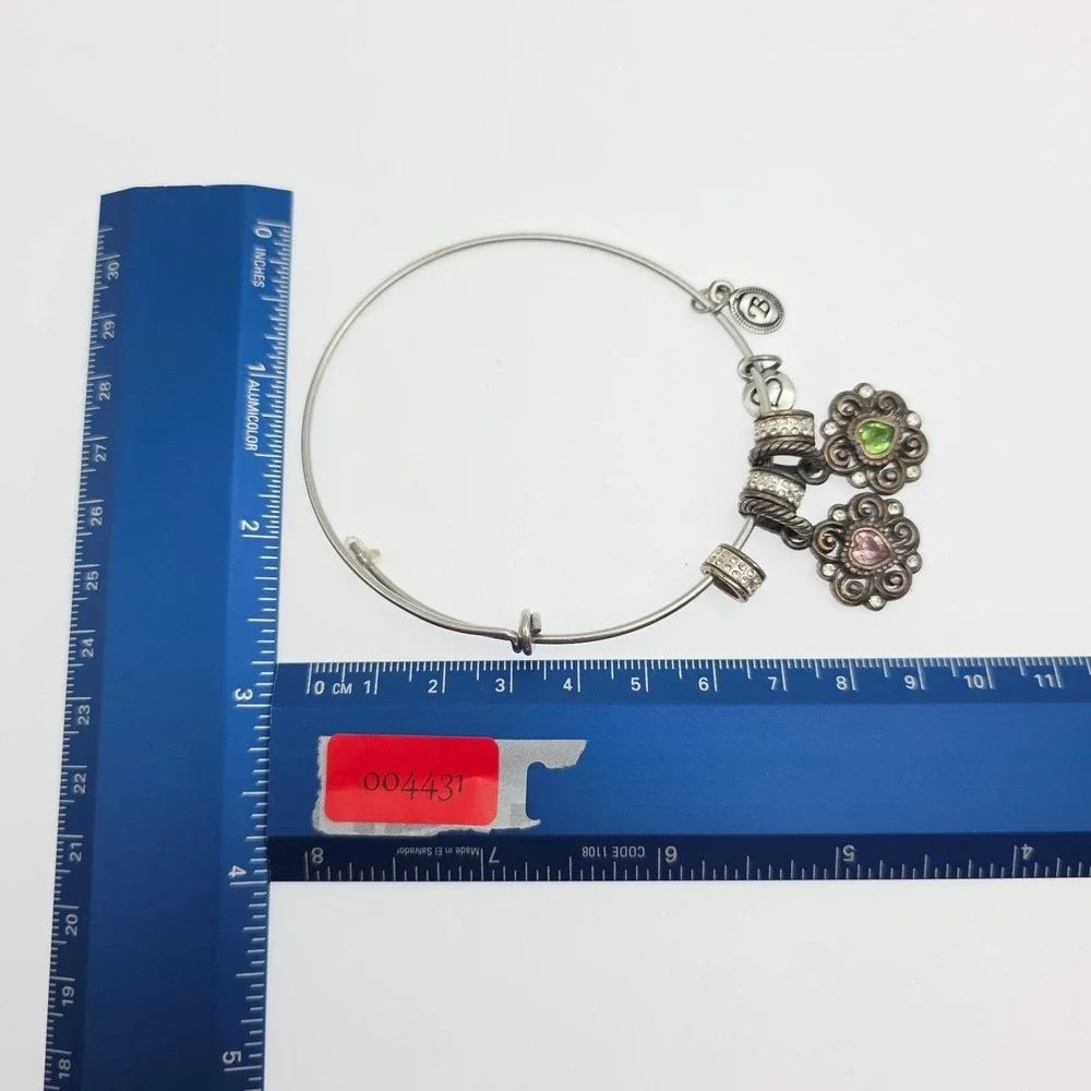 BRIGHTON Expandable Charm Bracelet Pink Green Crystals Ornate Silver Plate 8